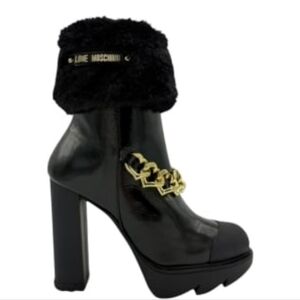 Love Moschino Black Ankle Boots with Gold Chain